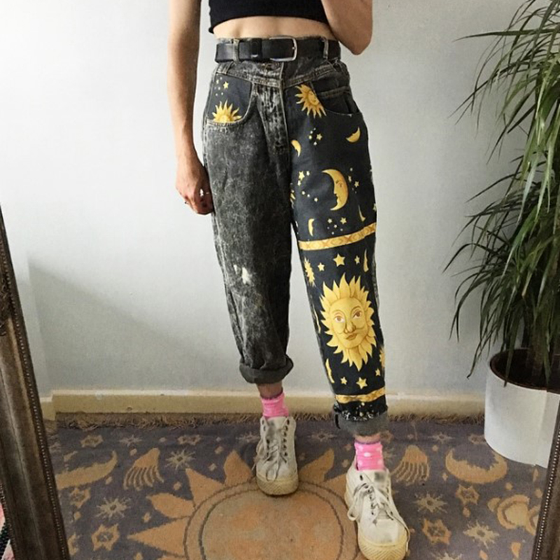 sun and moon pattern jeans