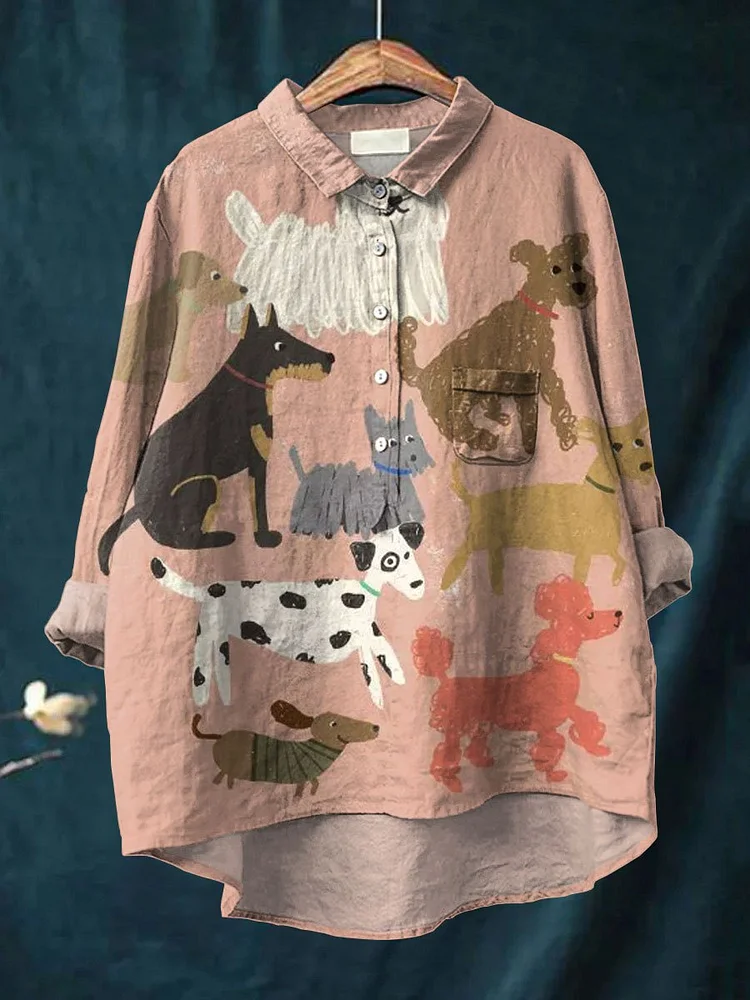 Women's Cute Dog Art Print Casual Cotton And Linen Shirt