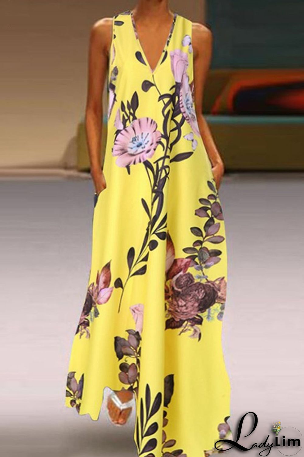 Yellow Casual Elegant Print Patchwork V Neck A Line Dresses