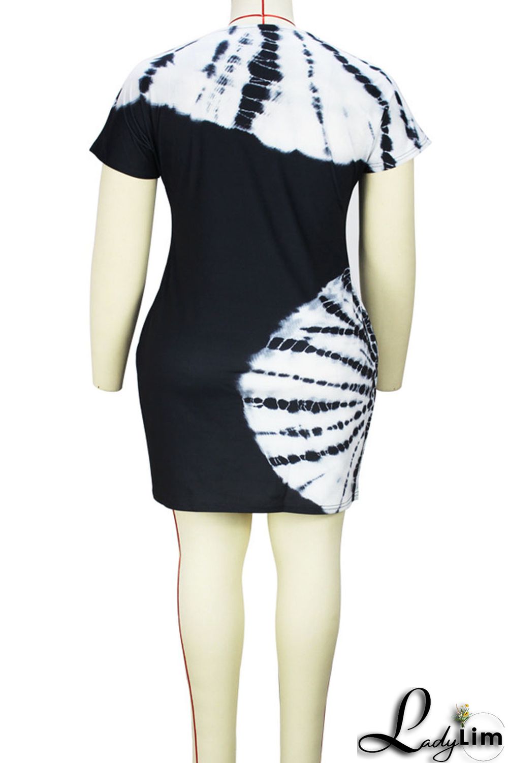 Black White Casual Print Patchwork O Neck One Step Skirt Plus Size Dresses