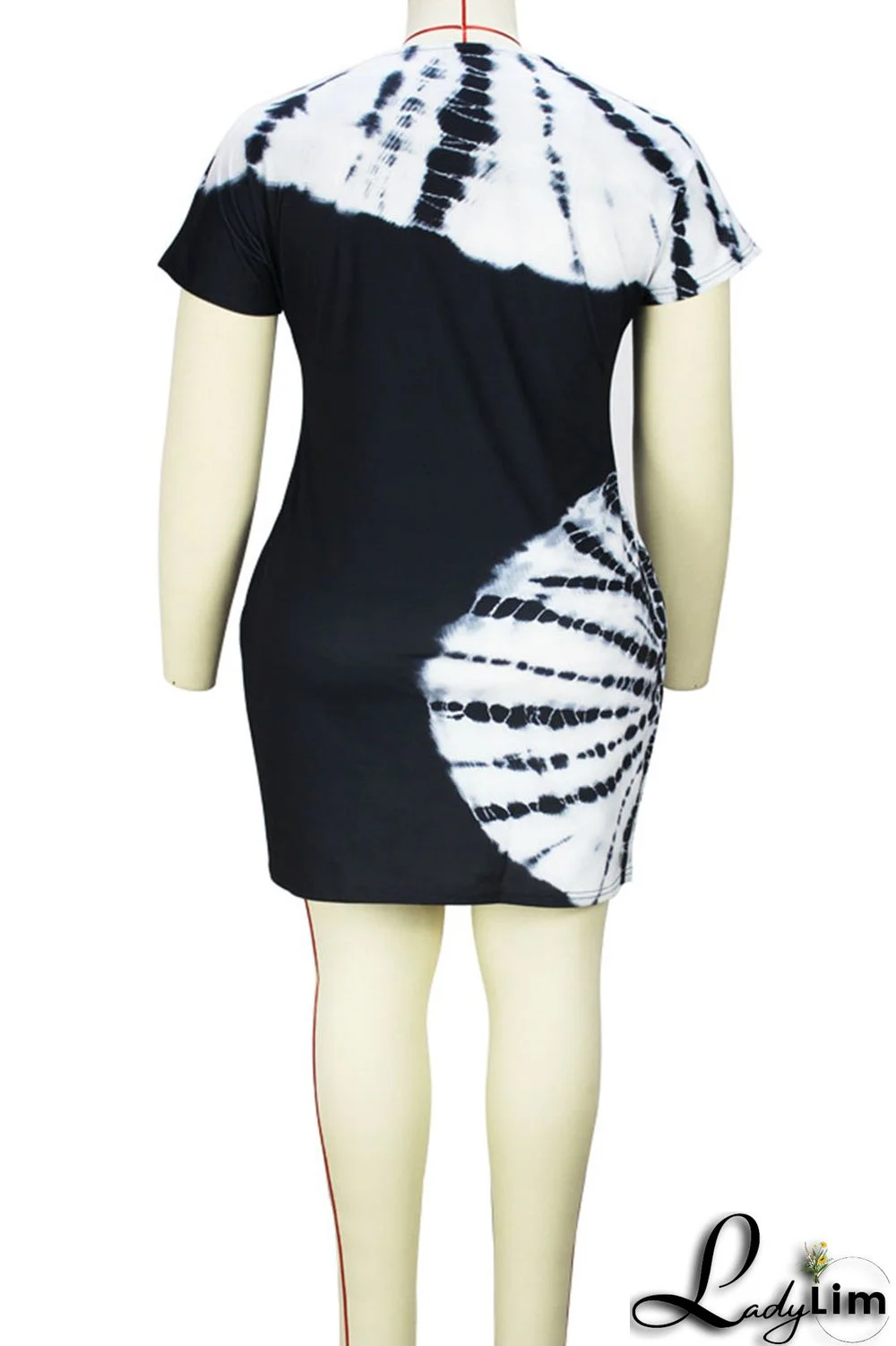 Black White Casual Print Patchwork O Neck One Step Skirt Plus Size Dresses