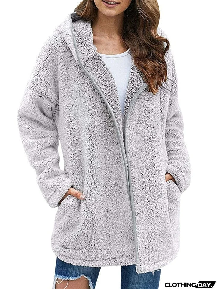 Ladies Casual Solid Color Hooded Plush Fleece Coats
