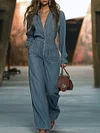 Women's Retro Botton Down Long-Sleeved Wide-Leg Denim Jumpsuit by Inlyline