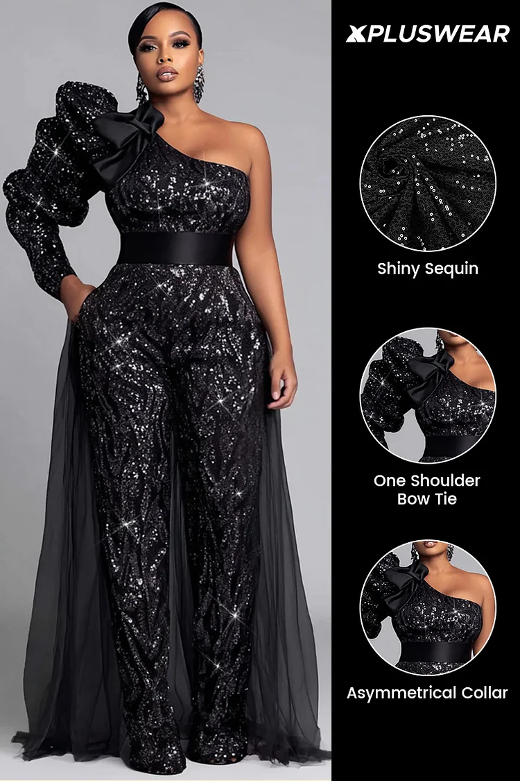 Xpluswear Design Plus Size Formal Black One Shoulder Long Sleeve Peplum Elegant Pocket Sequin Jumpsuits