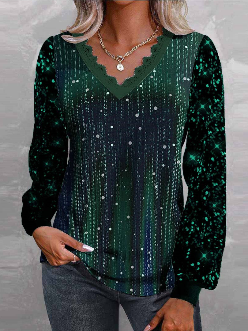 Women Long Sleeve V-neck Graphic Floral Printed Top