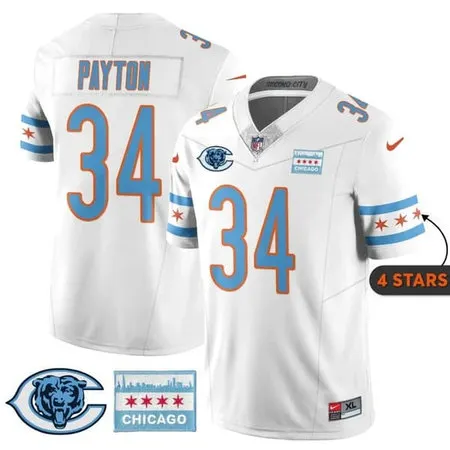 Men's Chicago Bears #34 Walter Payton White City Edition With Chicago Flag Vapor F.U.S.E. Untouchable Limited Jersey