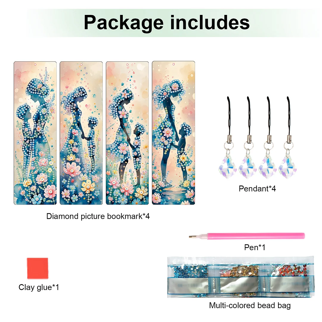 4Pcs Flowers and Parents DIY Diamond Bookmark Art Projects Irregular Shaped Diamonds Diamond Painting Art Bookmarks with Crystal Pendants for DIY Making Beginners Adult Art Craft Supplies