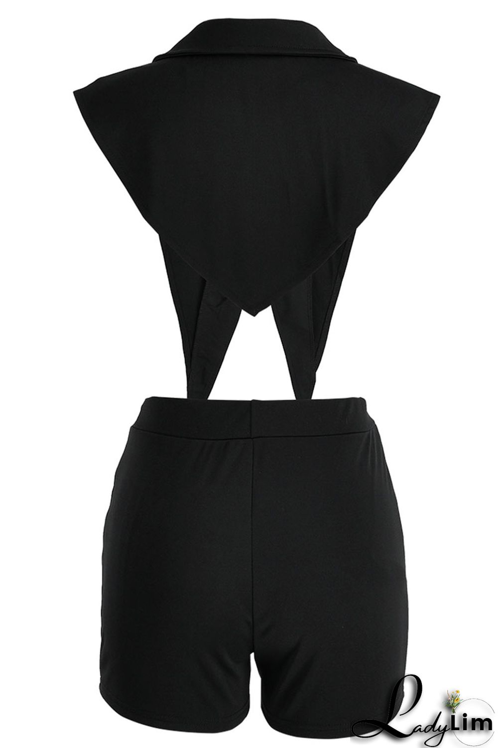 Black Sexy Solid Backless Asymmetrical V Neck Sleeveless Two Pieces
