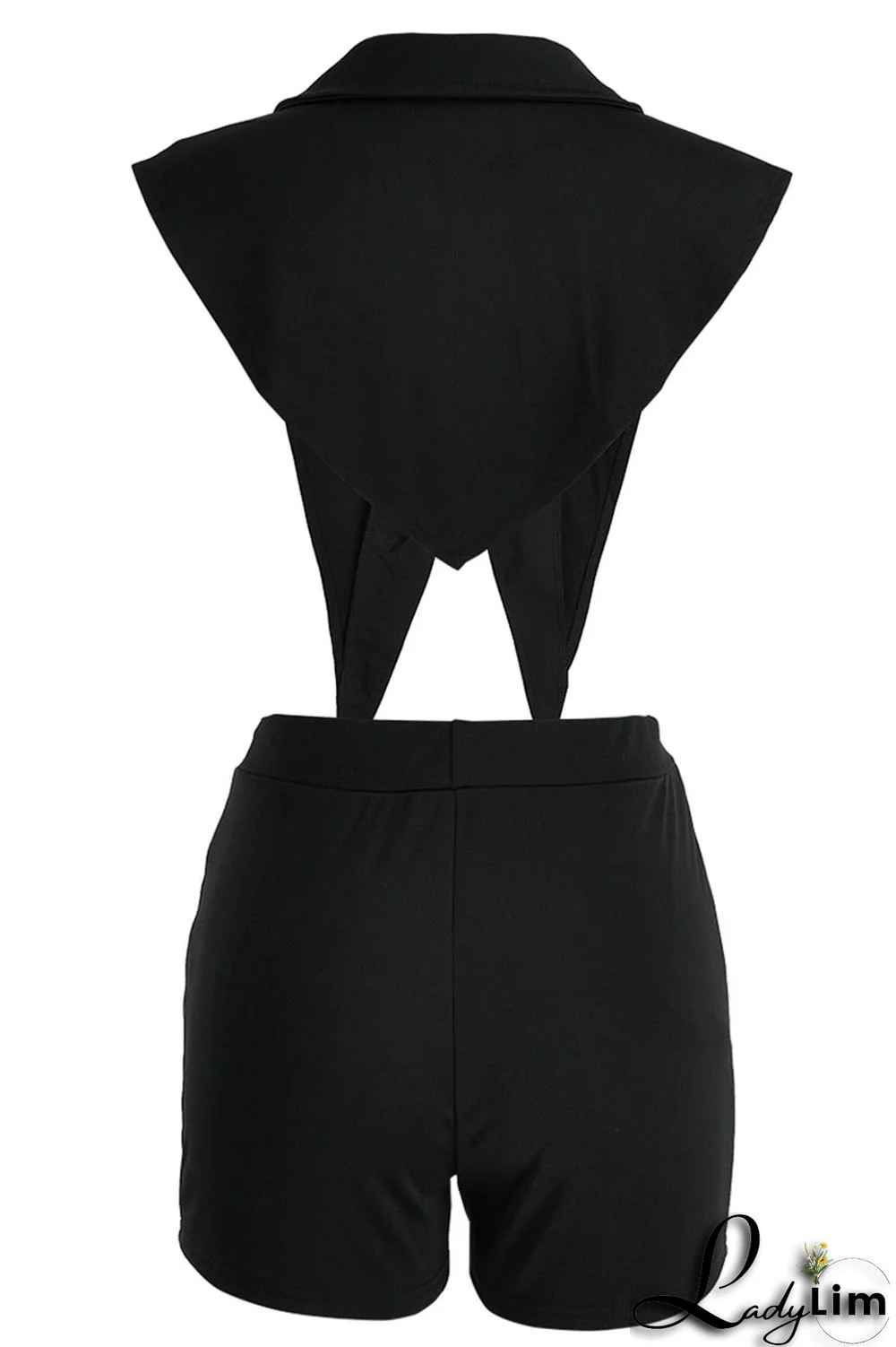 Black Sexy Solid Backless Asymmetrical V Neck Sleeveless Two Pieces