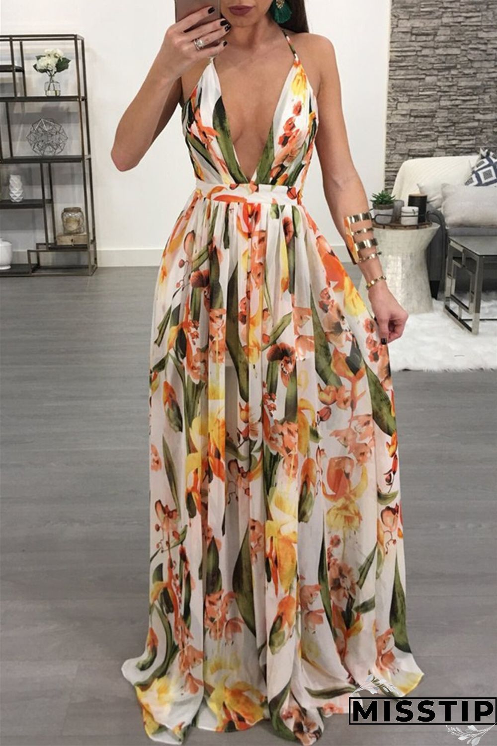 Pink Fashion Casual Print Backless V Neck Sling Dress
