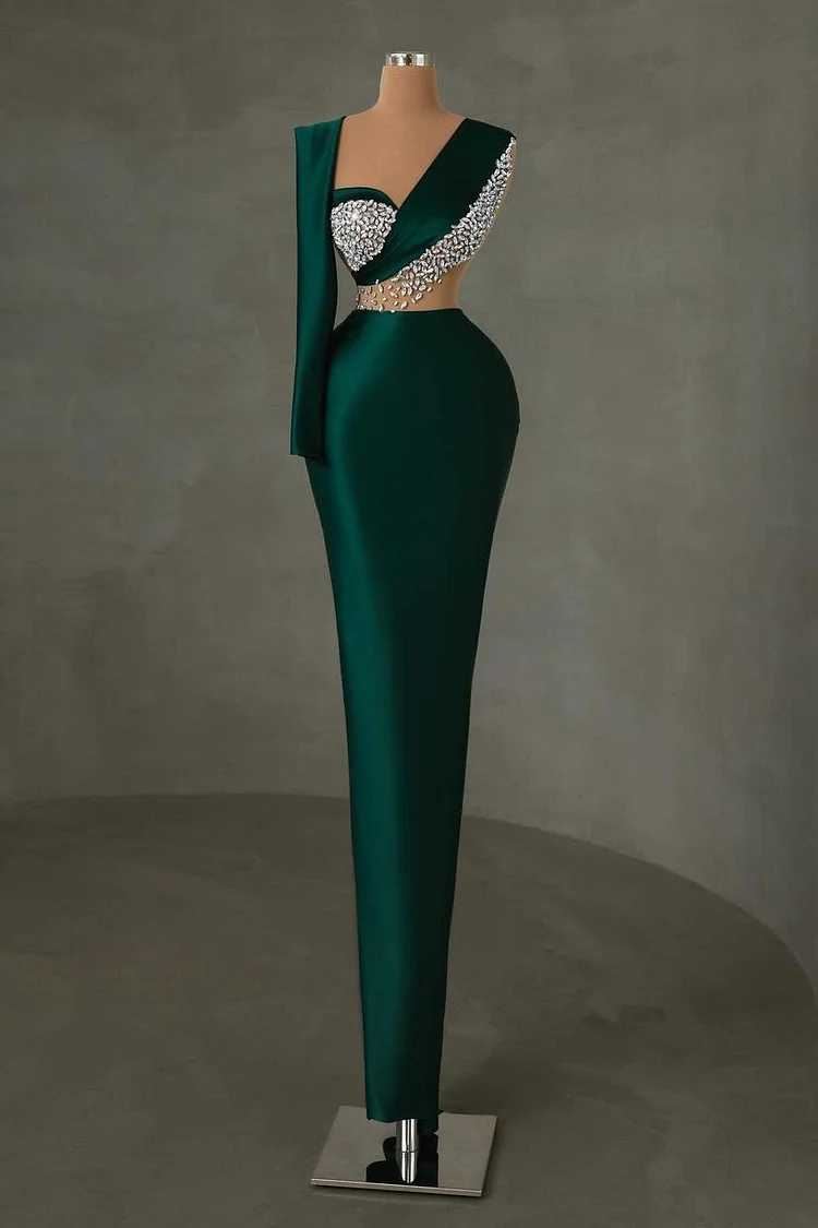 Hellodresses Stunning Dark Green Sweetheart Long Sleeve Long Prom Dress With Beadings