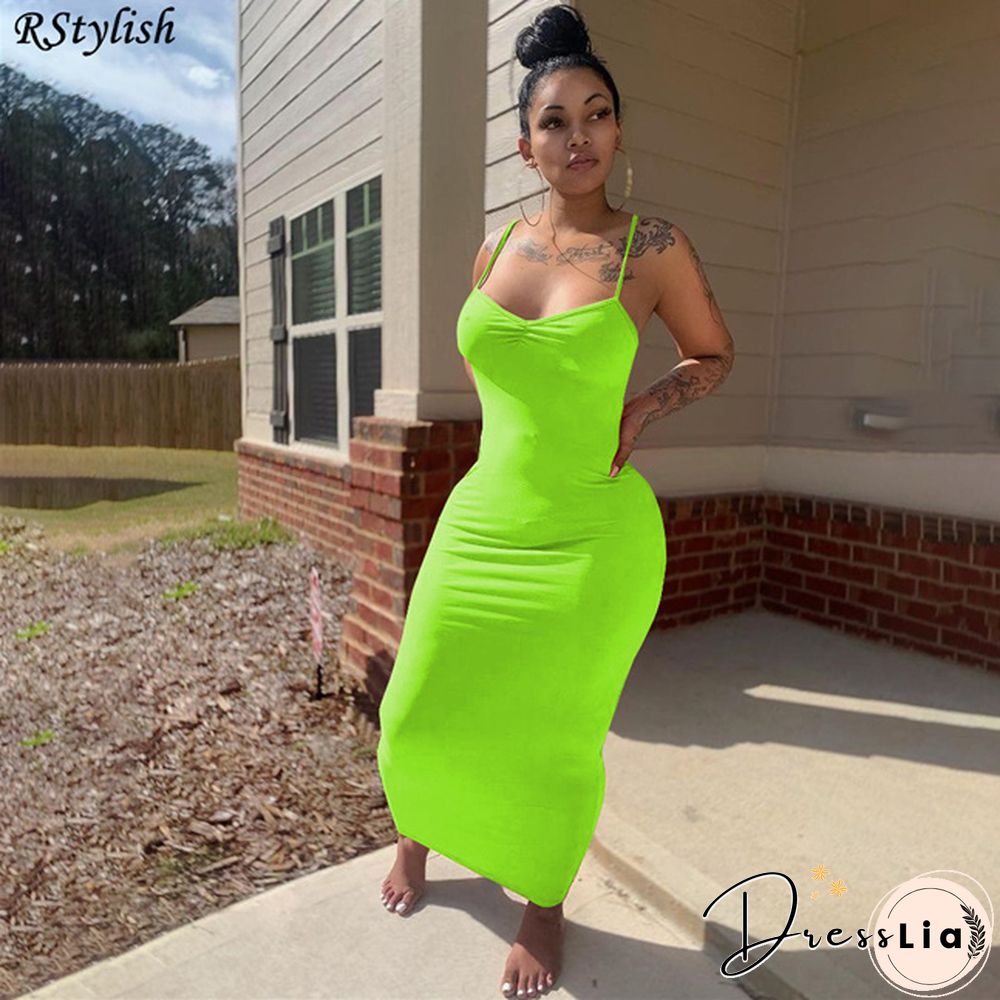 Elegant Women Solid Color Spaghetti Strap Sheath Long Dress