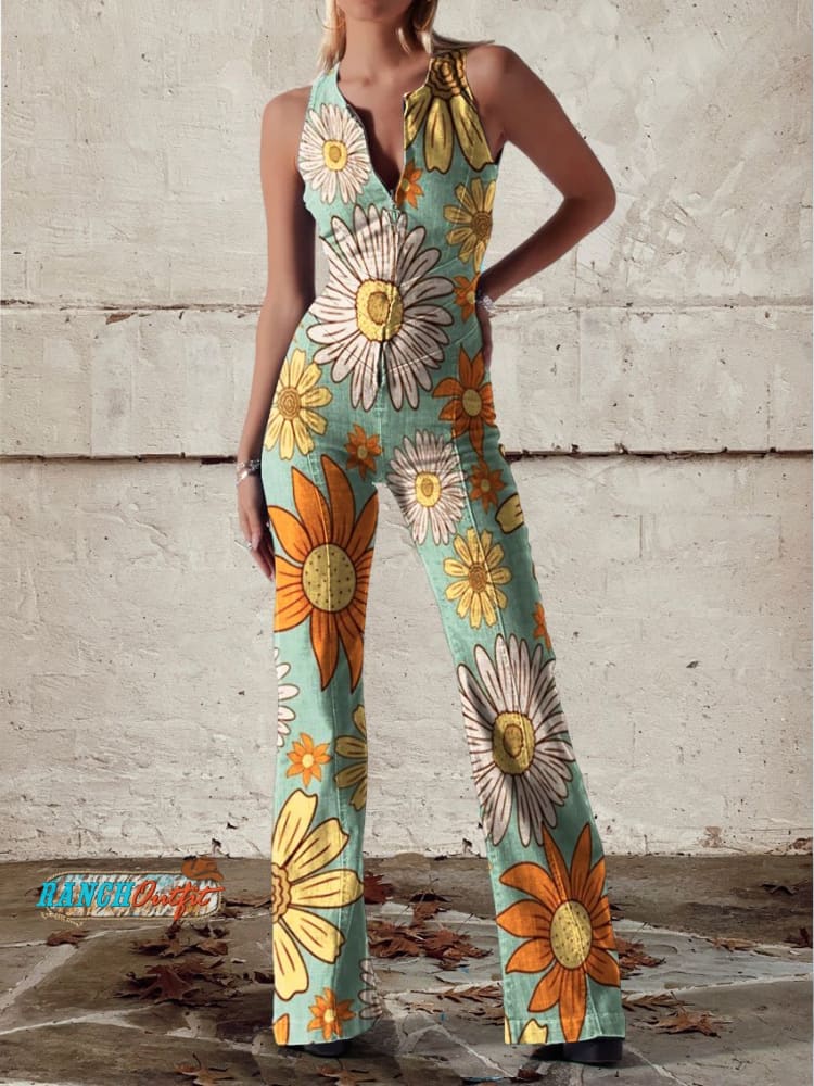 Women’s Vintage Daisy Flowers Print Casual Denim Jumpsuit Multicolor / Xs