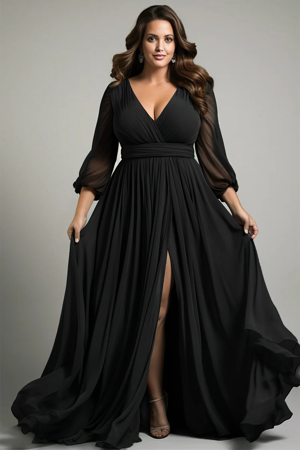 Flycurvy Plus Size Mother Of The Bride Dark Green Chiffon Wrap Lantern Sleeve Split Maxi Dress 2024 - Flycurvy 