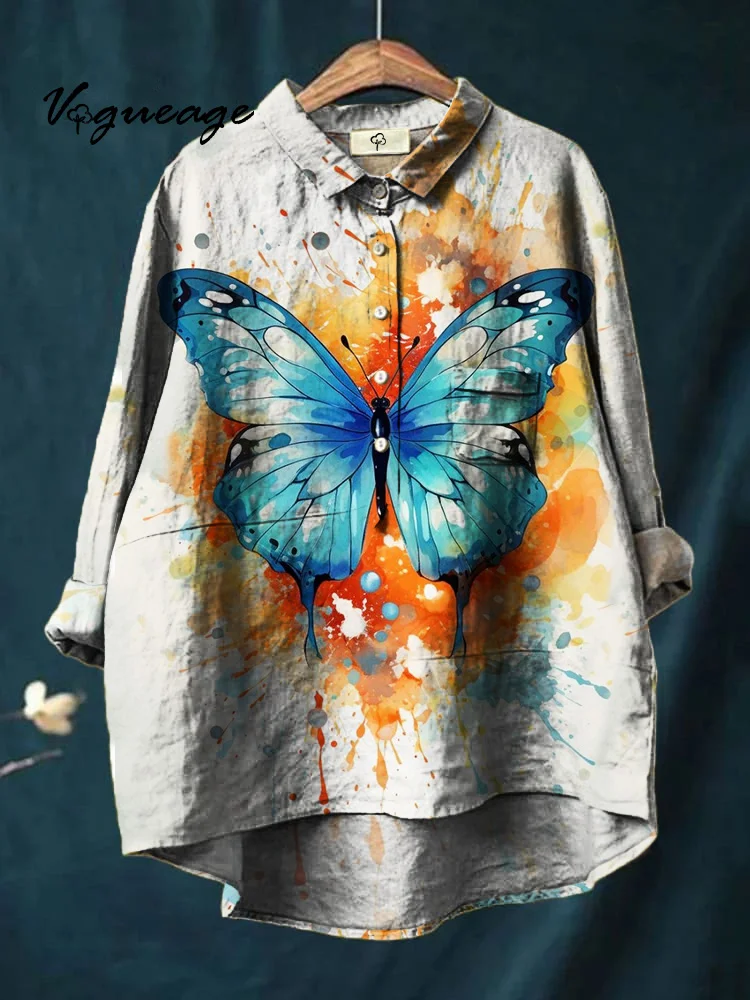 Fashionable Simple And Beautiful Colorful Butterfly Print Cotton And Linen Shirt