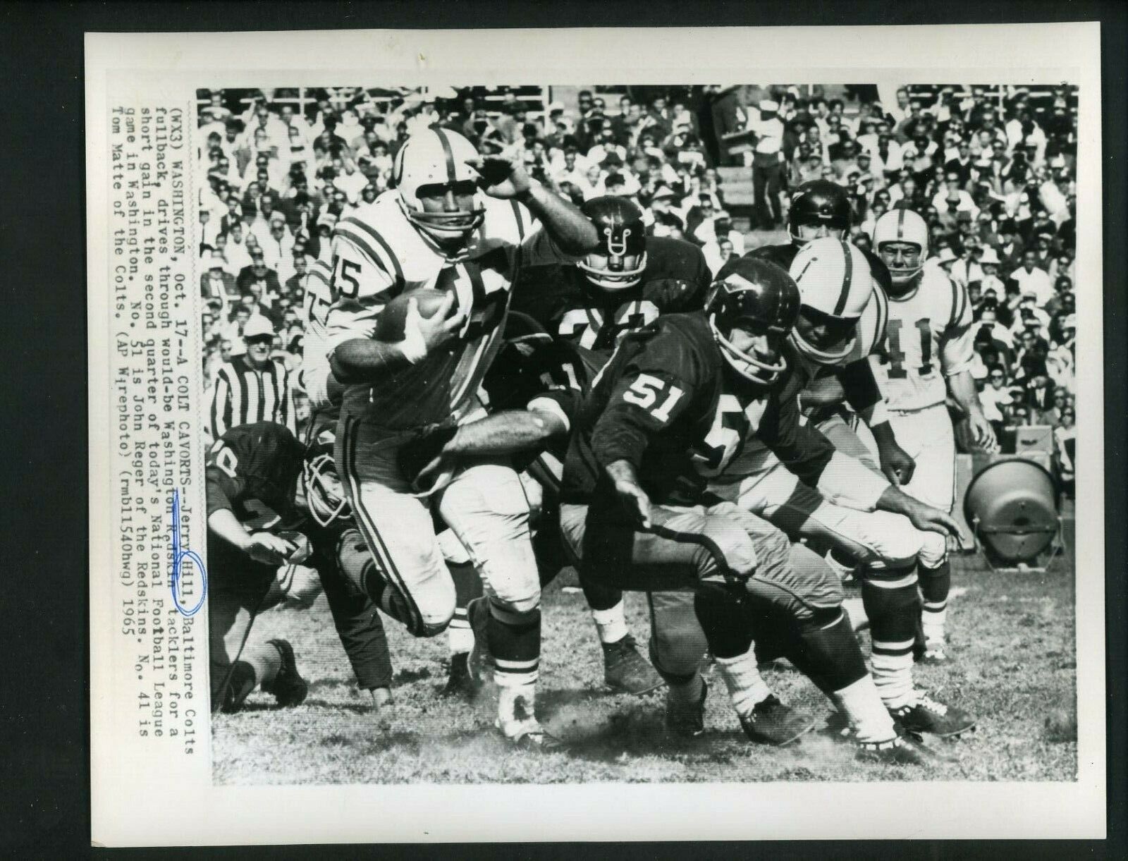 Jerry Hill & John Reger 1965 Press Photo Poster painting Baltimore Colts Washington Redskins