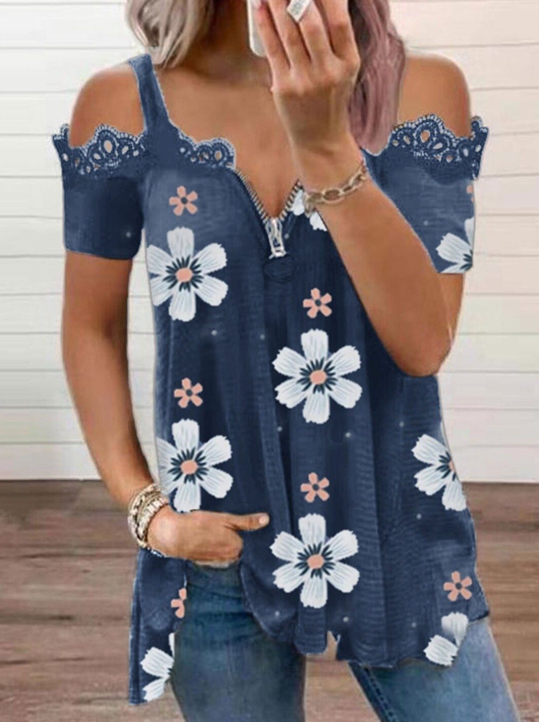 Women's Blouses Floral Print Zip Off Shoulder Blouse