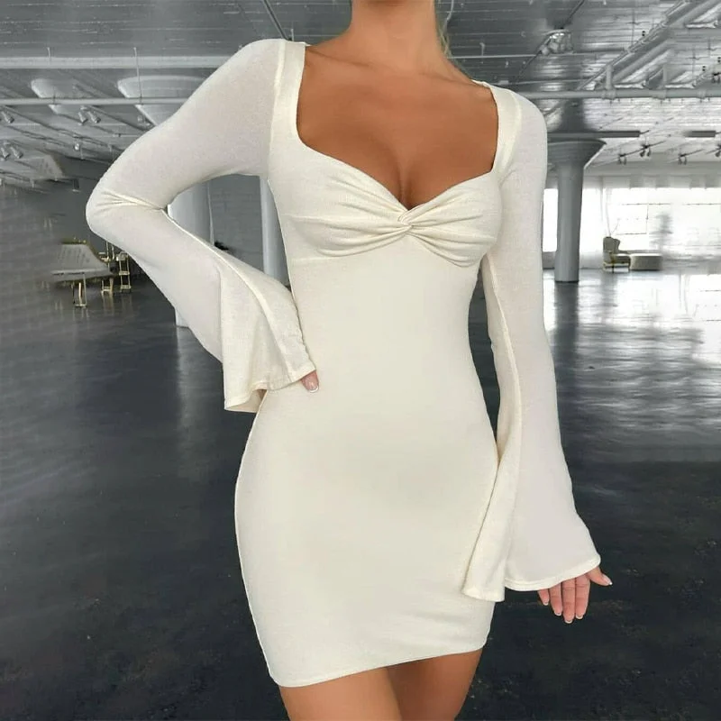 Hugcitar 2021 Autumn Winter Women Ruched Square Neck Flare Long Sleeve Mini Dress High Neck Bodycon Sexy Casual Streetwear Y2K