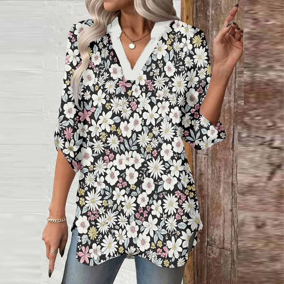 Women Floral, White, Dark Green DZGA0648 3/4 Sleeve V-neck Printed Graphic Button Tops