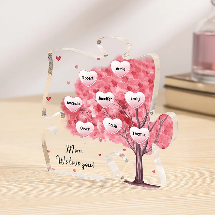 Personalized Acrylic Puzzle Plaque Custom 8 Names & 1 Text Pink Tree Family Ornament Gift for Mom/Grandma
