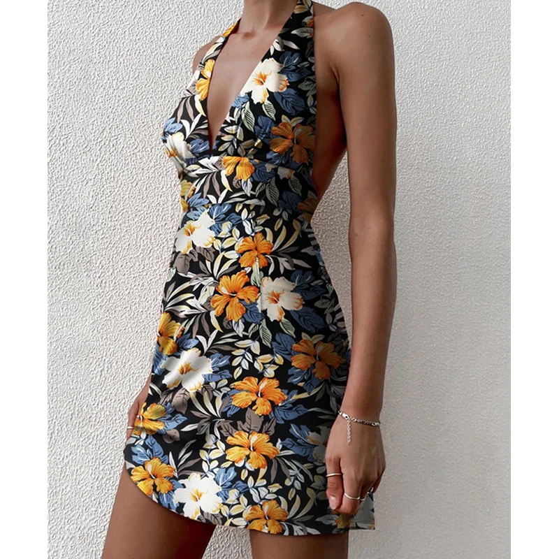 Women Floral Print Sleeveless Halter Neck Boho Deep V Neck Backless A Line Sundress Mini Dresses