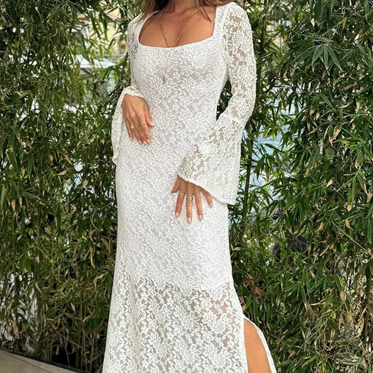🌸Spring Specials💐 Lace Flared Sleeves Split Hem Waisted Dress