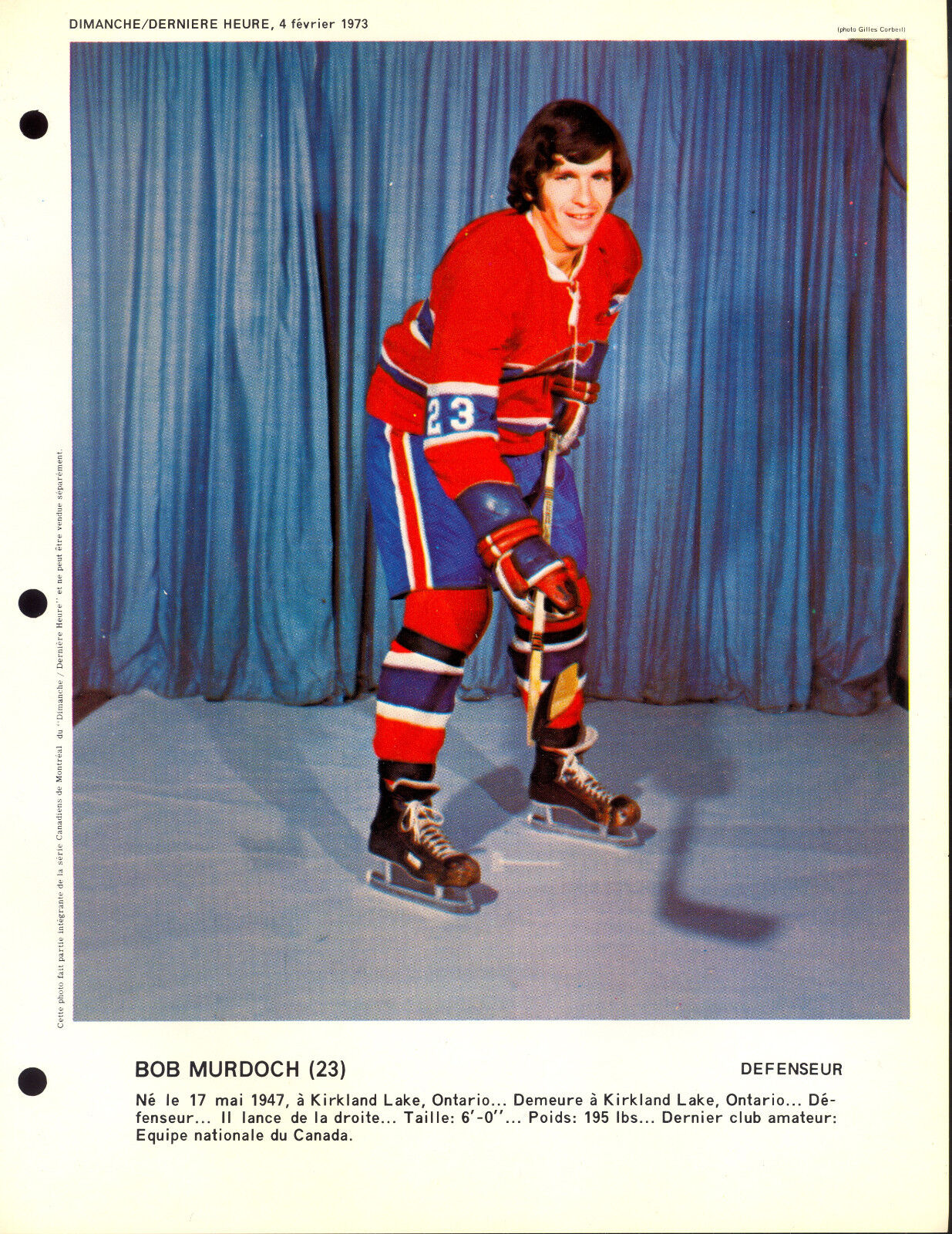 1973 Bob Murdoch RC year MONTREAL CANADIENS EX-NM DIMANCHE DERNIERE 8X11 Photo Poster painting