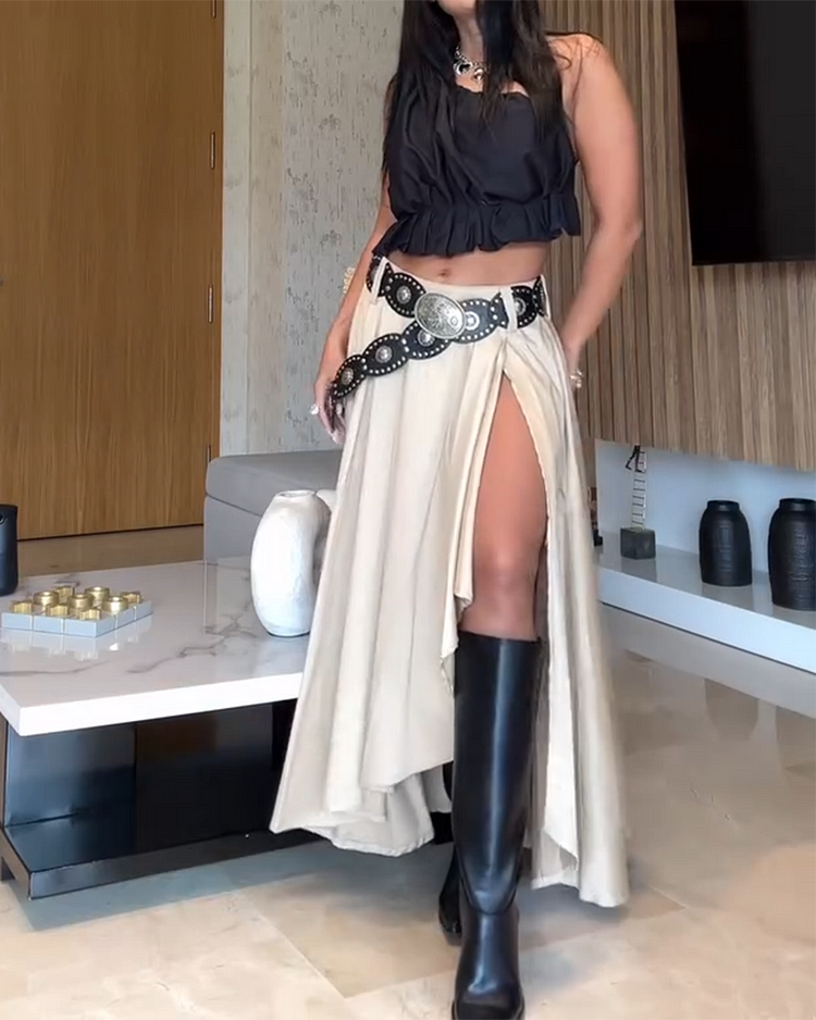 One-shoulder Pleated Top and Skirt Two-piece Set Without Belt