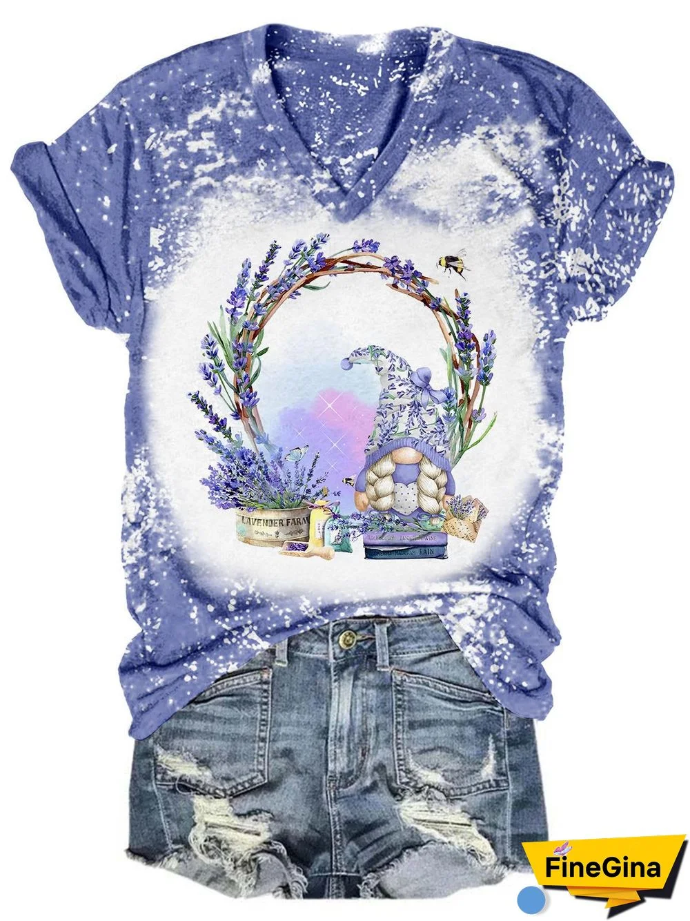 Lavender Wreath Gnome Tie Dye V Neck T-Shirt