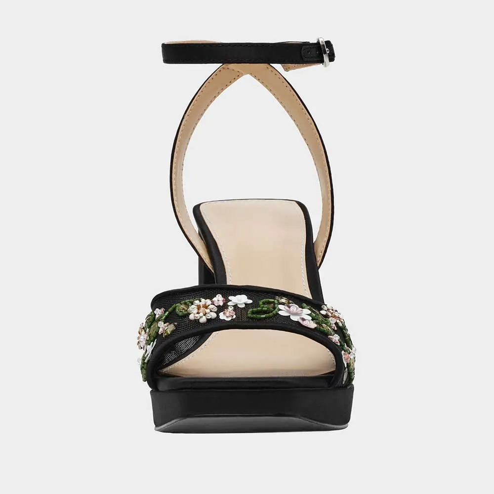 Black Square Toe Platform Floral Detail Ankle Strap Women Sandals
