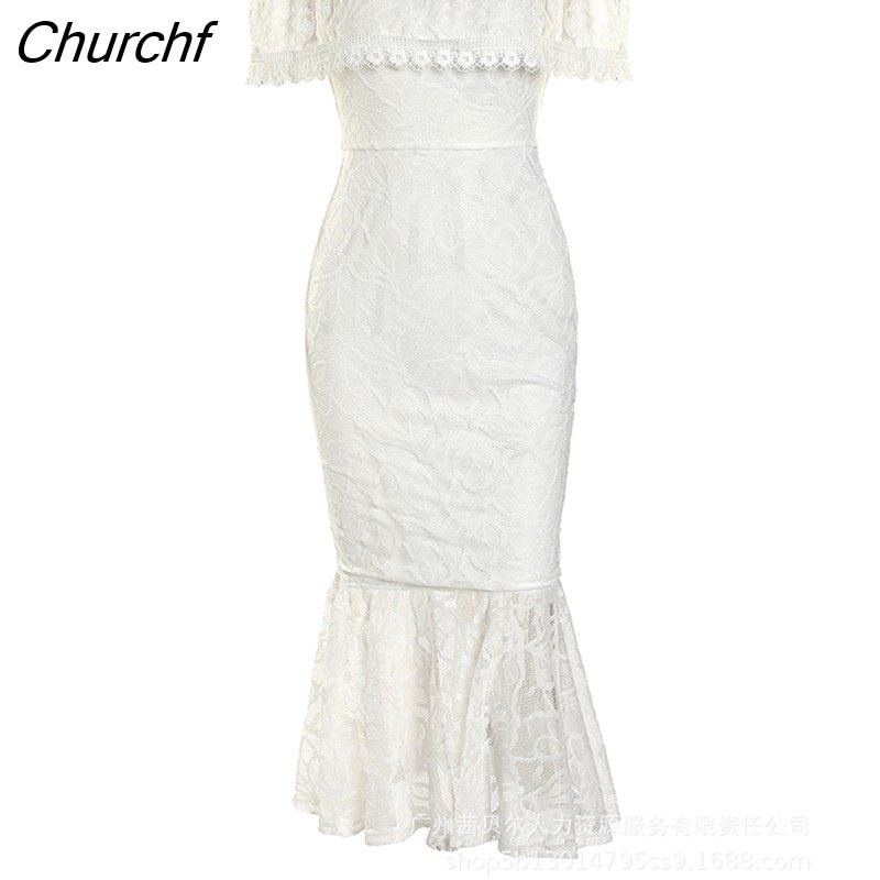 Churchf Elegant Lace Off Shoulder Dresses for Women 2023 Summer New High Waist Ruffle Slim Dress Fashion Casual Office Lady