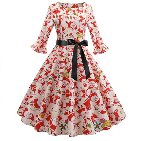Floral Print Vintage Dress Christmas Dress Women Winter Elegant Party Dresses  Petal Sleeve Casual Midi Dress