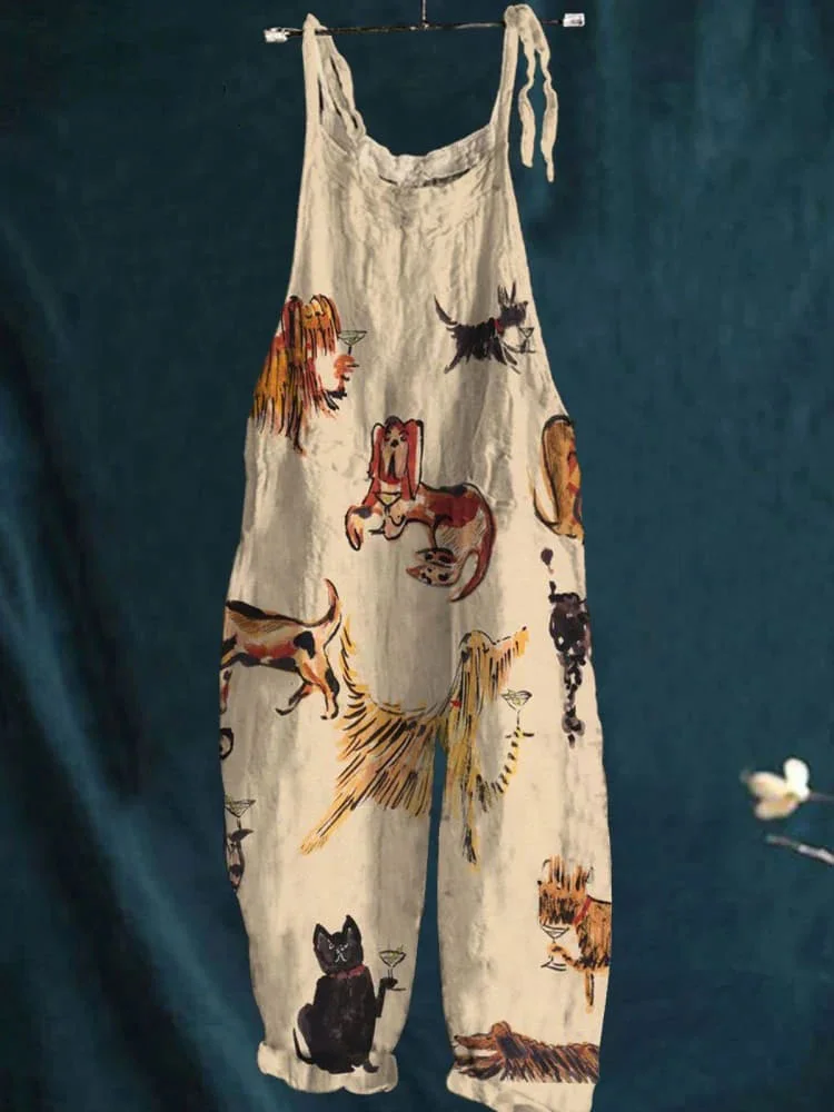 Women's Vintage Lovely Dogs Art Print Casual 100% Cotton Wide Leg Jumpsuit