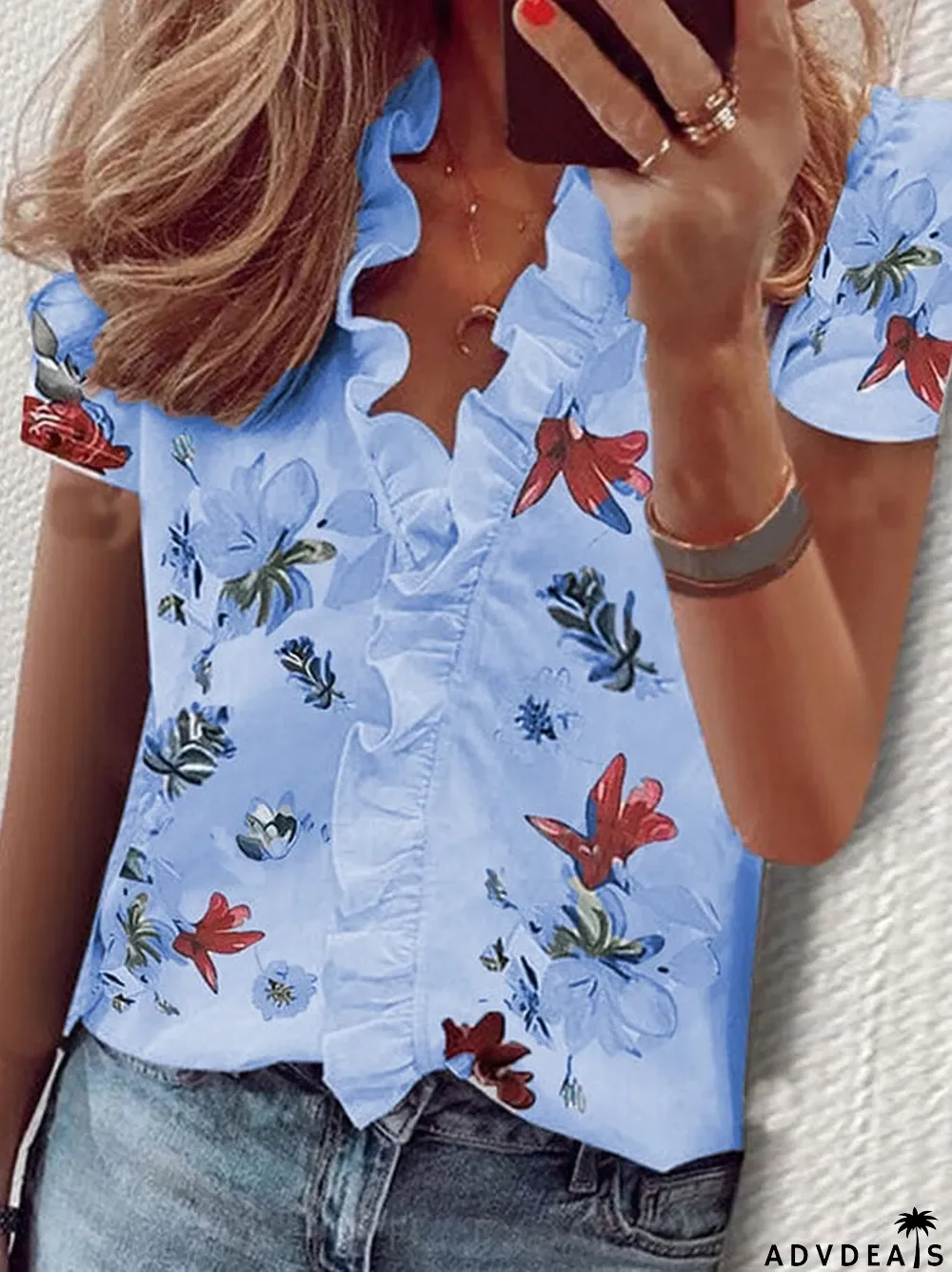 Women's Floral Print Ruffle Short Sleeve Shirt