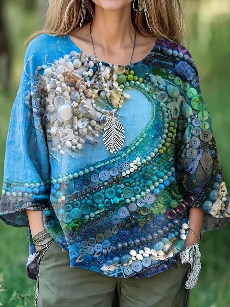 Women's Vintage Beaded Pattern Art Print Casual Cotton and Linen Shirt