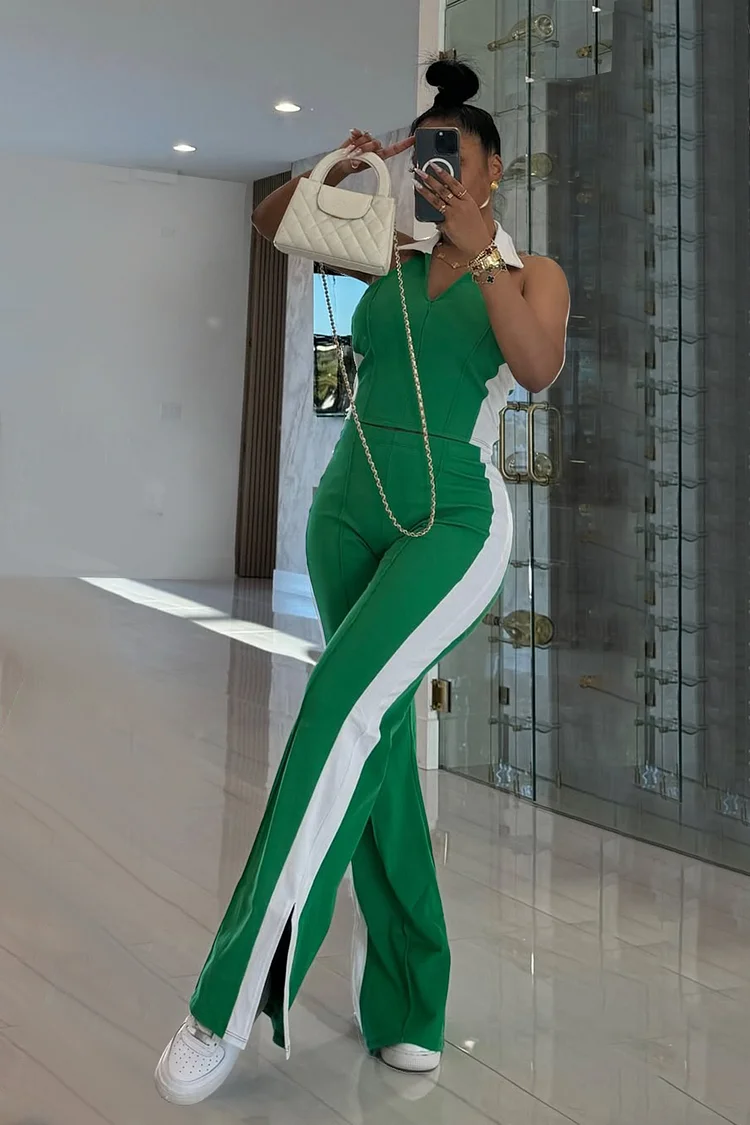 Colorblock Stripe Sleeveless Top Slit Hem Pants 2pcs Set-Green