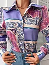 Lapel Collar Loose Retro Print Buttoned Blouses&Shirts Tops
