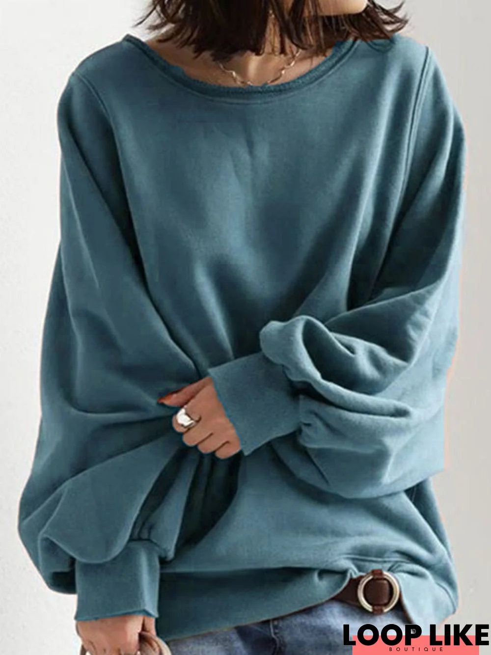 Solid Loose Simple Crew Neck Hoodies & Tunic Sweatshirt