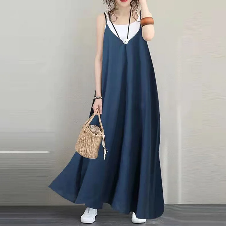 Women Blue Long Linen Dress Oversized Sleeveless Linen Gown Women V Neck Gown