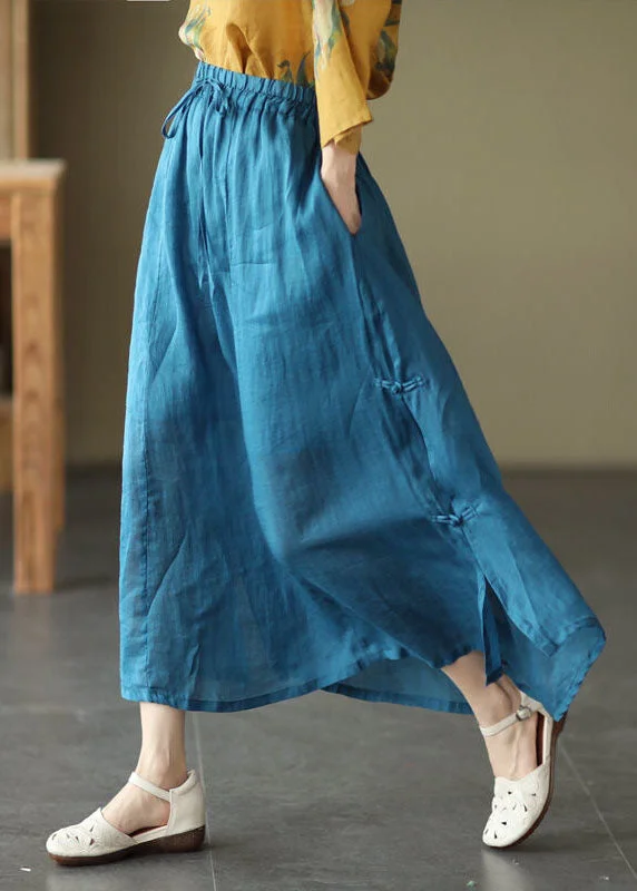 Women Blue Cinched Pockets Chinese Button Patchwork Cotton Skirts Summer