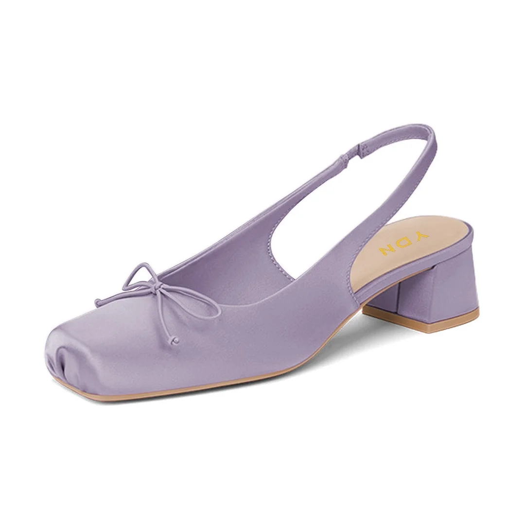 Purple Satin Square Toe Low Block Heel Slingback Pumps with Bow