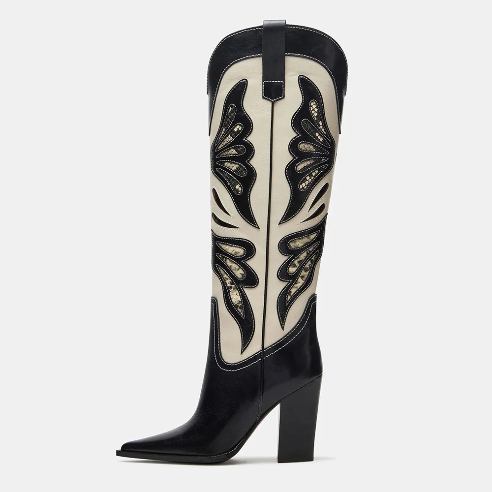 Black & Ivory Butterfly Inlay High Heel Cowboy Boots for Women