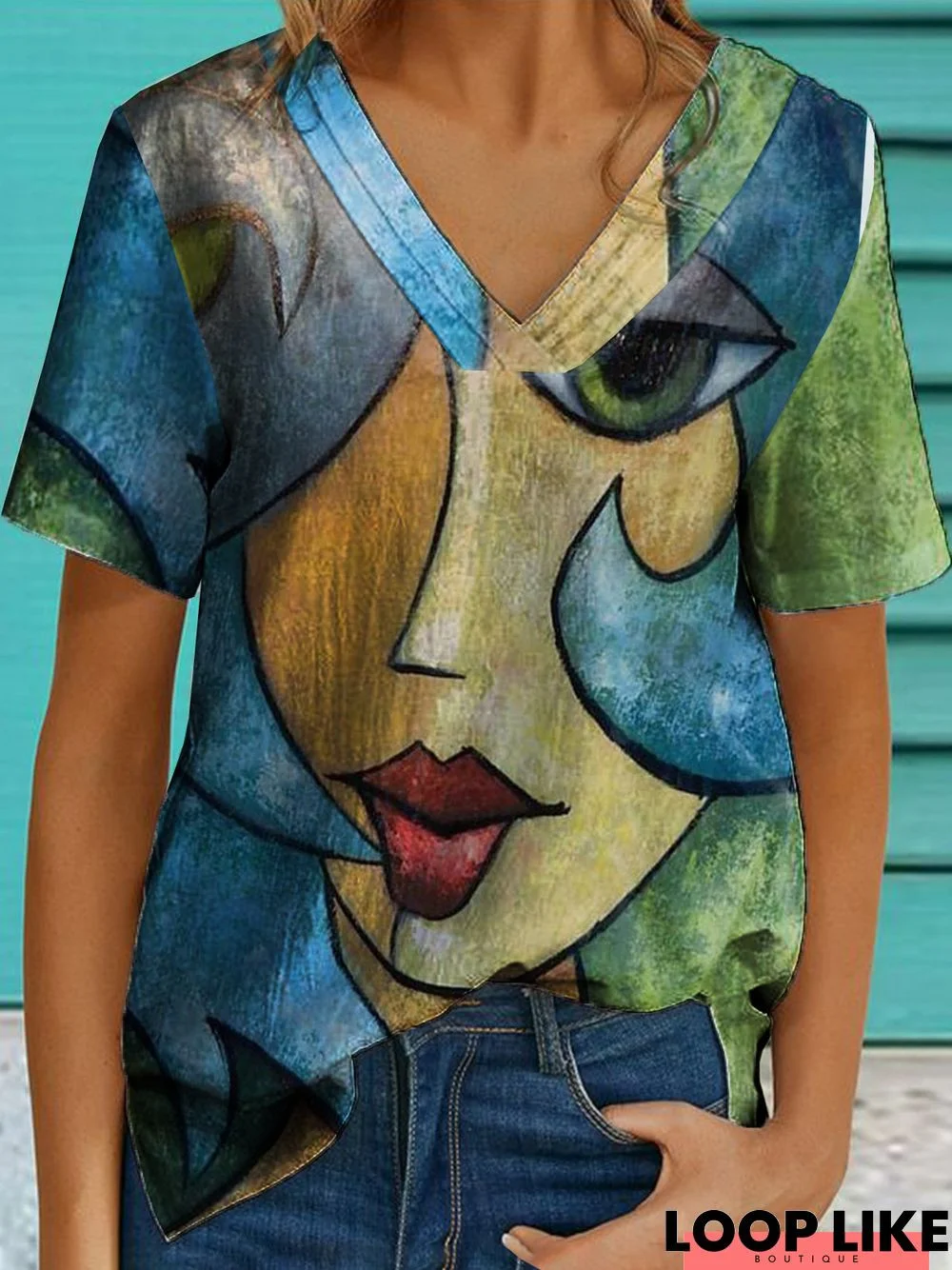 Abstract Cotton-Blend Short Sleeve Boho Tops