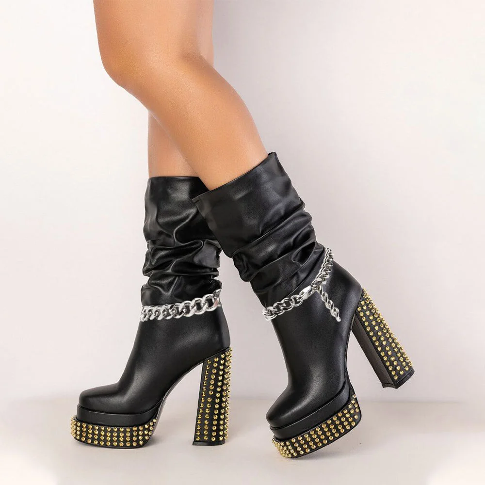 Black Platform Chunky High Heel Studded Ankle Boots