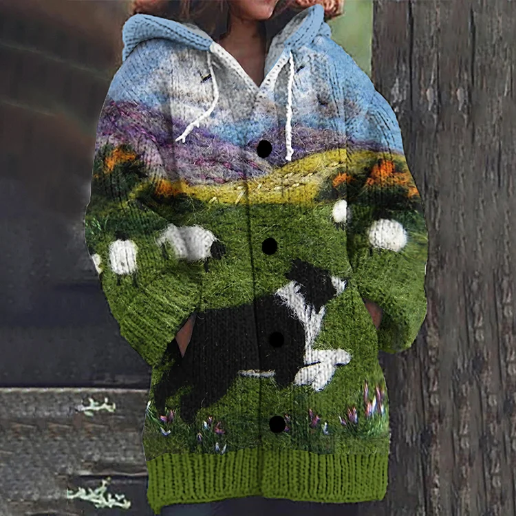 VChics Fun Shepherd Dog With Sheep Vintage Cozy Knit Cardigan