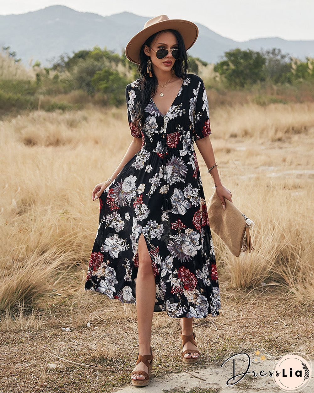Elegant Short Sleeve V Neck Floral Maxi Dress