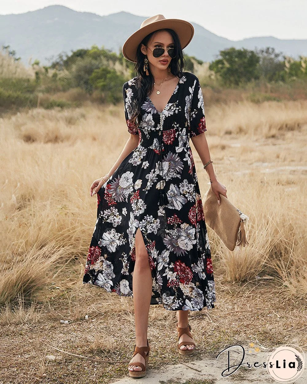 Elegant Short Sleeve V Neck Floral Maxi Dress