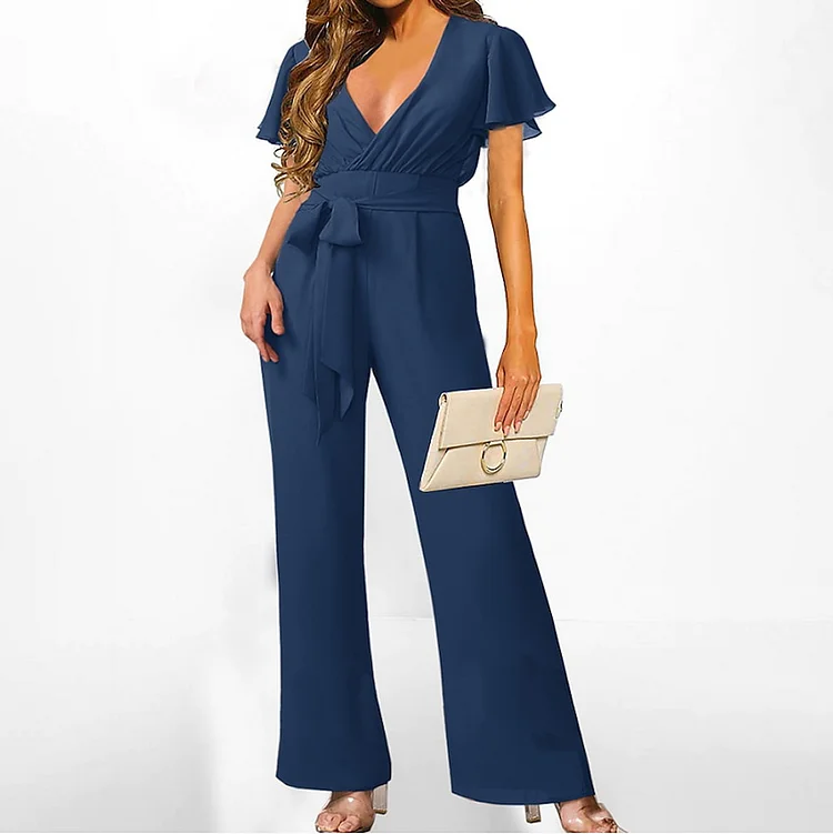 Women's Sexy V-Neck Lace up Blue Jumpsuit Ladies Jumpsuit