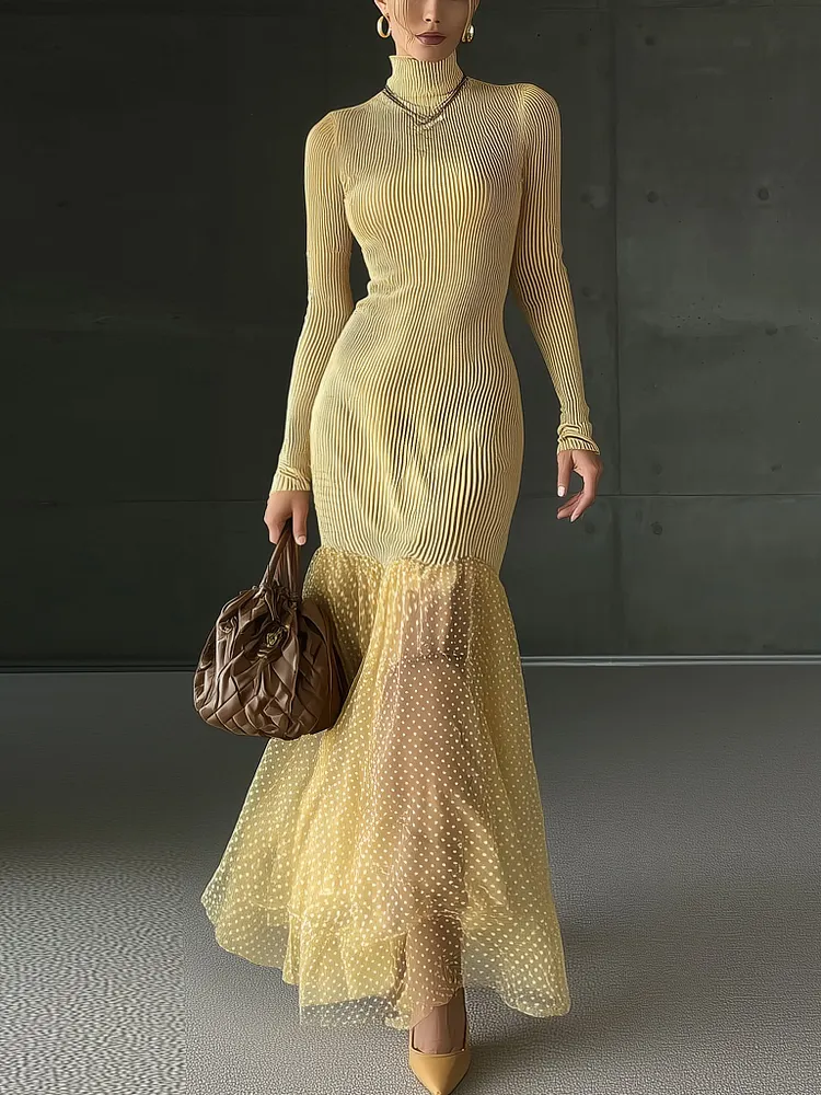 Yellow Knitted Patchwork Chiffon Polka Dot Maxi Dress