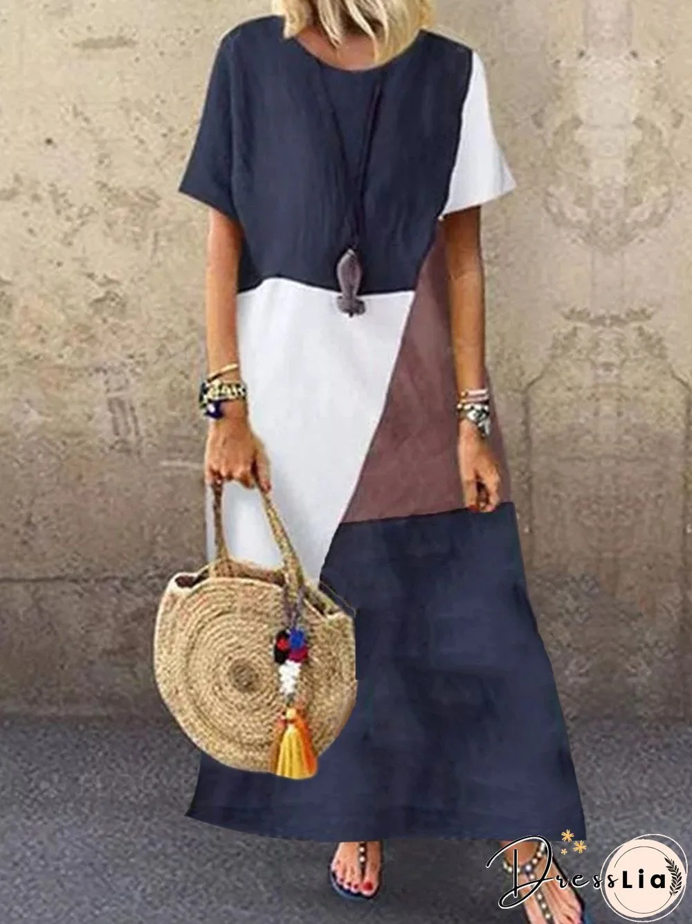 Casual Color Block Midi A-line Tee Dress